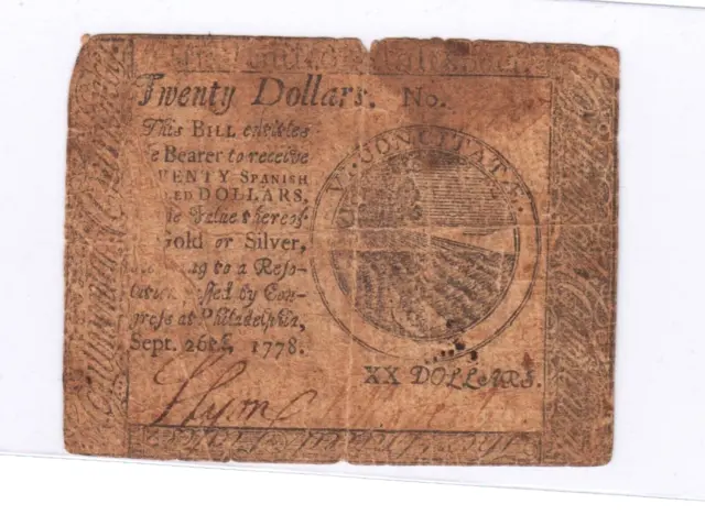 1778 Philadelphia Twenty Spanish Milled Dollars Colonial Note. Scarce Item #1801
