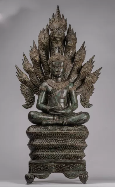 Antique Bayon Style Khmer Seated Bronze Naga Meditation Buddha - 114cm/46"
