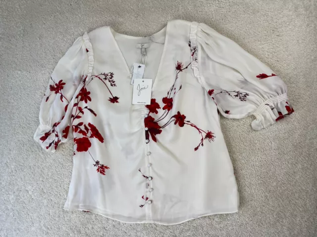 JOIE Blouse Size L "Anevy" White Red Floral Pattern Puff Sleeve 100% Silk NEW