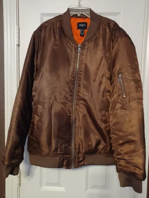 Mens Forever 21 Bomber Jacket Small Dark Brown Orange Zipper NWT Winter Coat