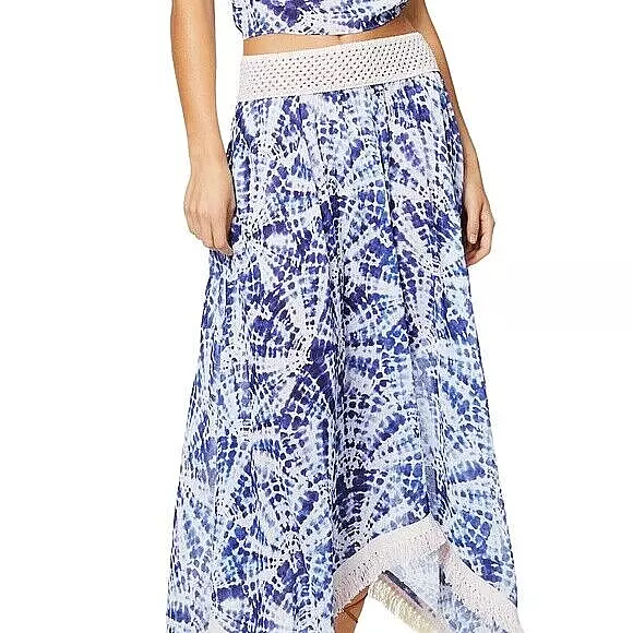 Ramy Brook Riviera Printed Long Handkerchief Blue/White Skirt With Fringe Size L