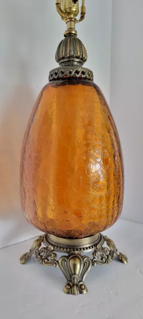 Vtg Mid Century Hollywood Regency Amber Crackle Glass & Brass  Lamp