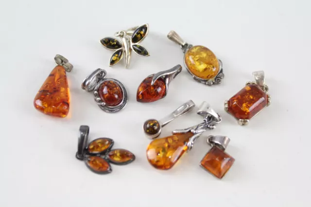 Sterling Silver Amber Pendants Baltic Copal Nouveau Style Butterfly x 10 (11g)