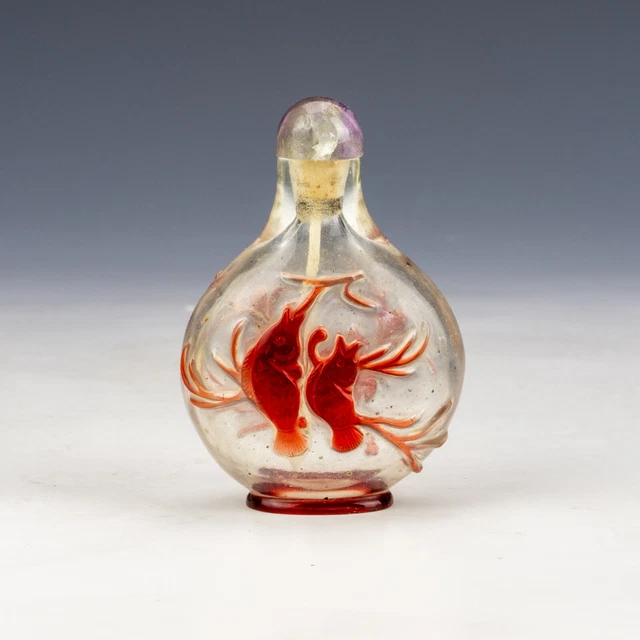 Antique Chinese Peking Overlay Glass - Oriental Crab & Carp Snuff Bottle
