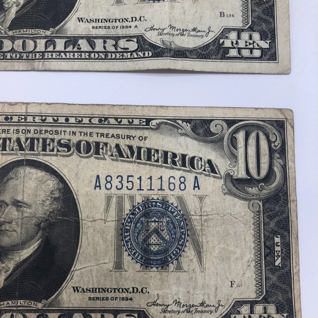1934 A & 1934  $10 Ten Dollar Silver Certificate Note Blue Seal 10