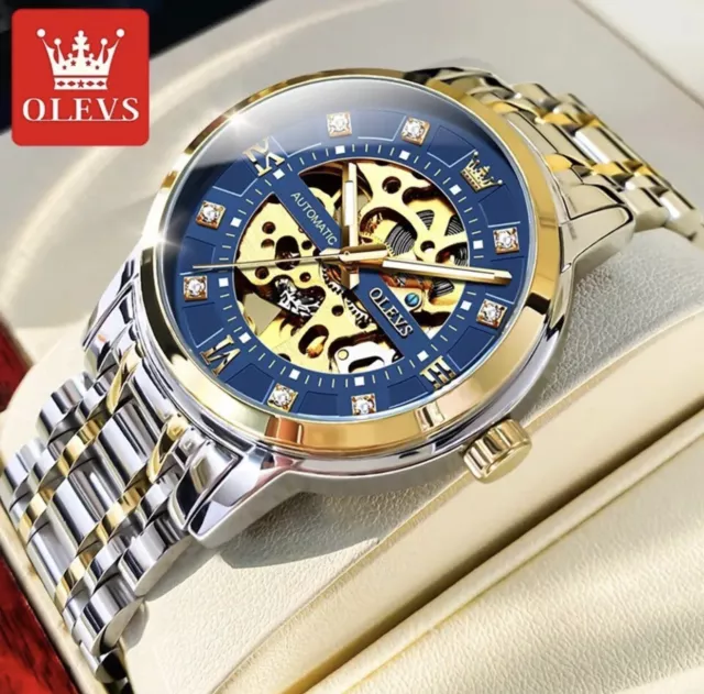 OLEVS Automatic Mechanical Wristwatch Stainless Steel New Skeleton Blue & Golden