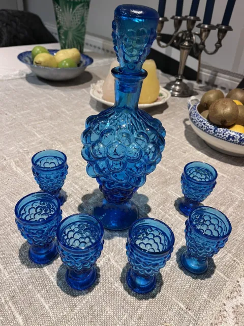 vintage italian empoli blue bubble glass Bottle decanter & 6 glasses