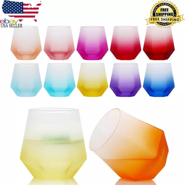 Vibrant Stemless Wine Glasses Set of 12 ,10 OZ Colorful Diamond Cocktail Glasses