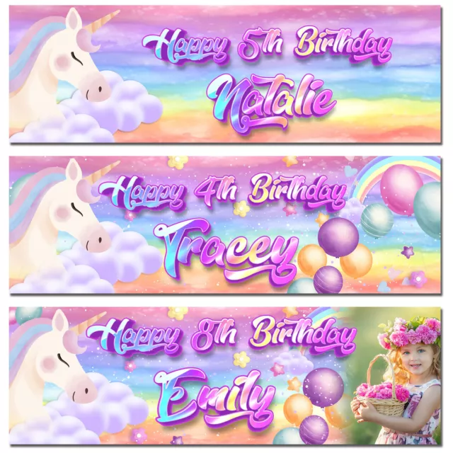 Personalised birthday banner photo unicorn pink girl party balloon decoration
