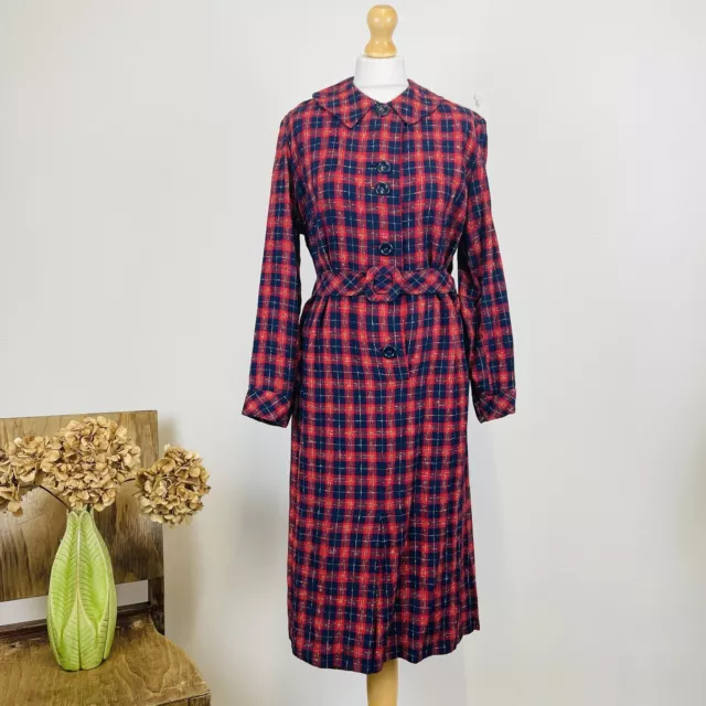 Vintage 70s Red Navy Blue Check Peter Pan Collar Belted Cotton Dress 16