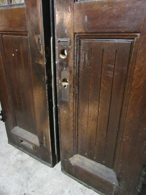 ~ Antique Gothic Oak Double Entrance French Doors With Stained Glass ~ 55 X 84 9