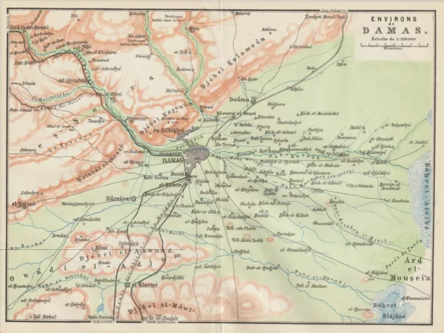 DAMASKUS und Umgebung Damas Barada-Tal Landkarte von 1912