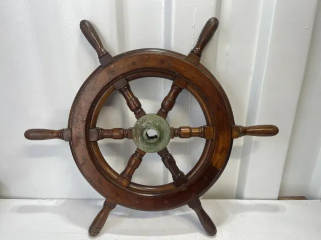 vintage salvaged wooden ships steering wheel 24” 6 spoke 1” shaft bronze hub