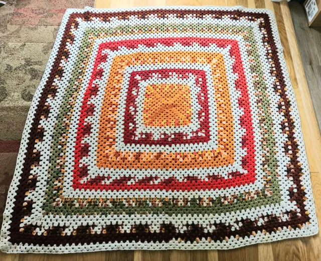 Vintage Hand Crochet Granny Square Afghan Throw Blanket 72" x 72"