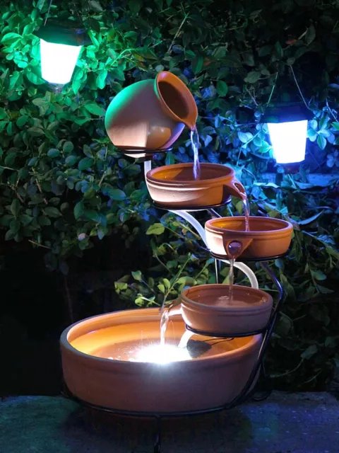 Solar Powered Terracotta Cascade With Light Garden Water Feature Fountain Bowls