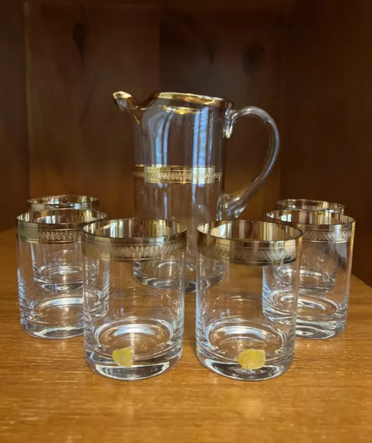 Vintage Astra Karel Bohemian Crystal Pitcher & 6 Glasses Set Gold Trim