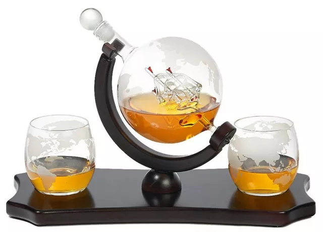 Elegant Globe Whiskey Decanter + 2 Matching Glasses + Mahogany Wooden Tray