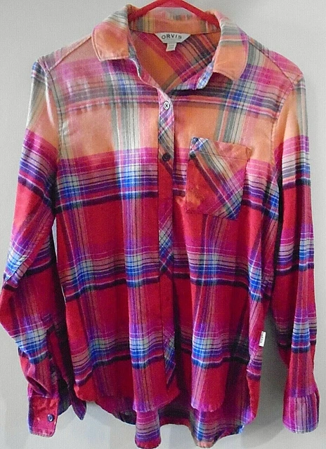 Upcycled Bleached Hand Dyed Ombre Red Plaid Country Rockabilly Shirt Small