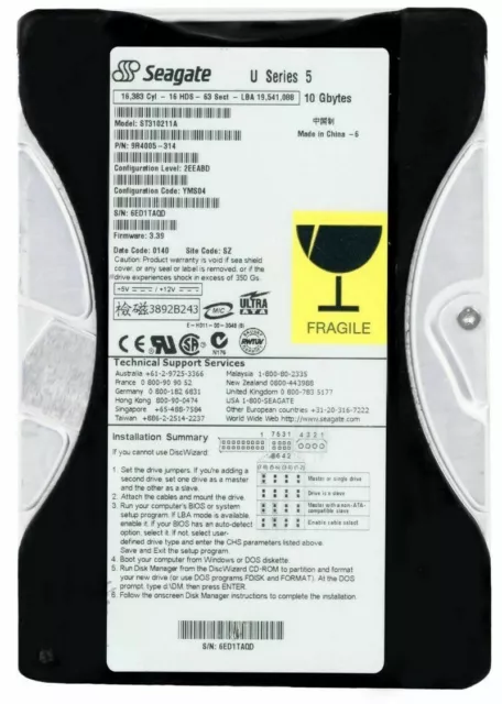 SEAGATE ST310211A 10GB IDE Hard Drive - REMOVED from Working 
