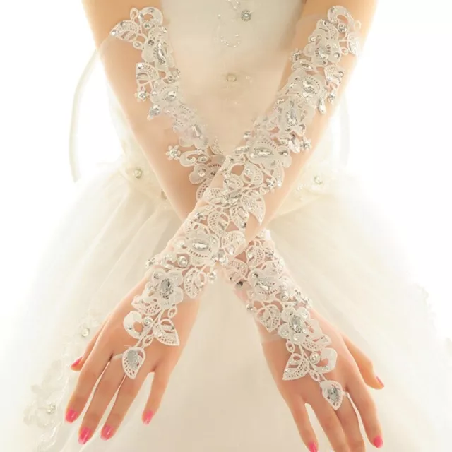 Weiß Lang Spitze Fingerlos Fäustling Handschuhe Tüll Strass Braut Hochzeit Party