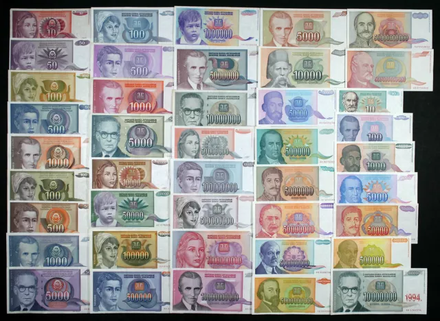 Yugoslavia COMPLETE HYPERINFLATION SET - 42 Banknotes 1990-1994 P103-P144 VF-AU