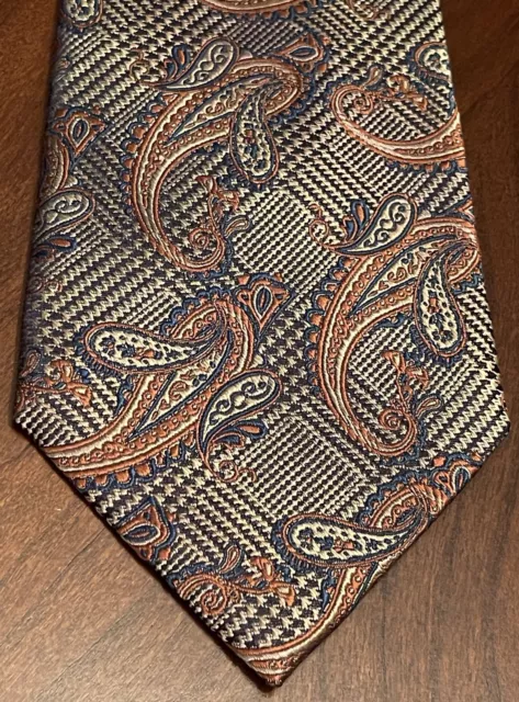 Massimo Moda Collezione Tie Hand Made Orange Blue Houndstooth 100% Silk