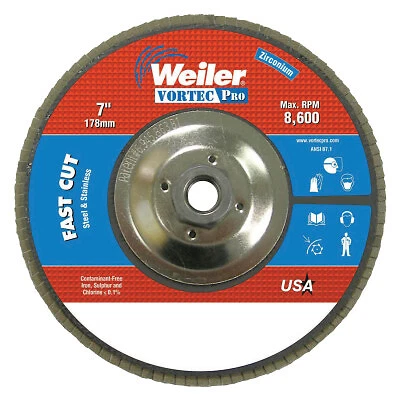 Vortec Pro Abrasive Flap Discs, 7", 40 Grit, 5/8 Arbor, 8,600 Rpm, Phenolic