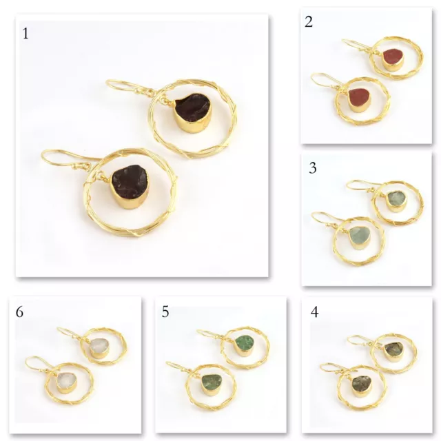 Natural Rough Gemstone Birthstone Gold Plated Drop Earrings Wire Wrapped Earring