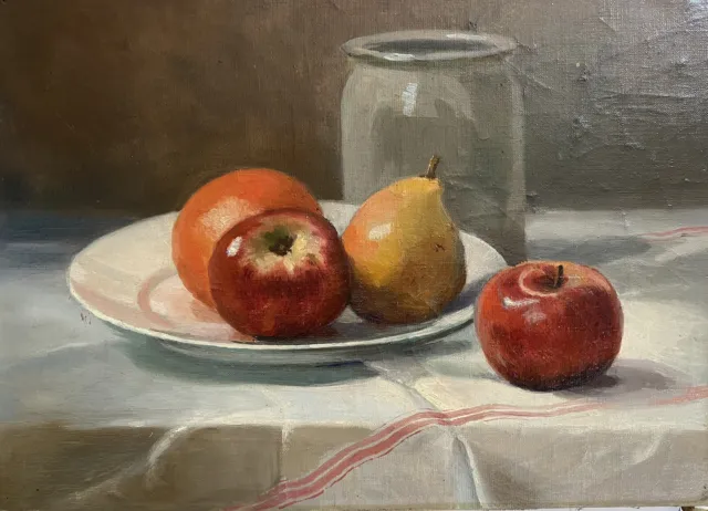 Tableau ancien nature morte fruits pomme poire orange  peinture réaliste XIX me