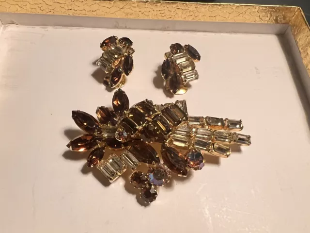 VTG Continental Brooch & Clip On Earrings Set Topaz Citrine Layered Rhinestone