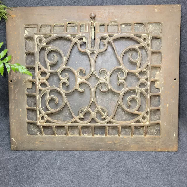 Antique Vtg Cast Iron Damper Vent Heat Register Grate Ornate Victorian 12x14"