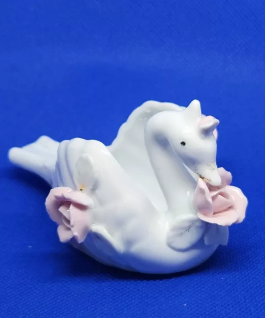 Vintage UCAGCO China Swan w/ Applied Flowers & Leaves Hand Painted Trinket Dish