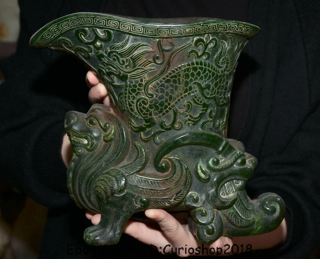 9.2" Old Natural Green Jade Carved Dynasty Pixiu Fly Beast Zun Drinking Cup