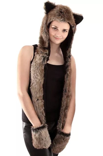 Ladies Warm Fur Hood Hat Scarf Mittens Gloves In One Lined Leopard Wolf Design