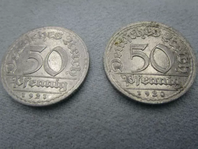 2 Stück - 50 Pfennig Deutsches Reich 1920 + 1921 D / Sich regen bringt Segen