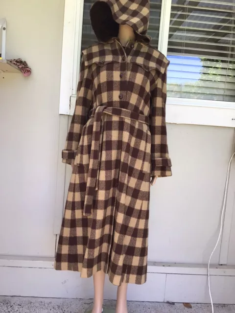 Vtg 70s Brown Cream Check Wool Corduroy Belted Coat W Hood S