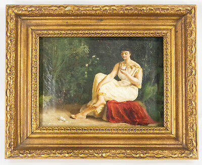 Antique 19th Century American Oil on Canvas Painting Neoclassical Lady in Garden