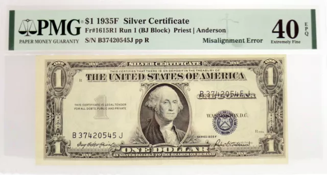 1935 F $1 Silver Certificate Fr#1615R1 Misalignment Error Note PMG XF40 EPQ