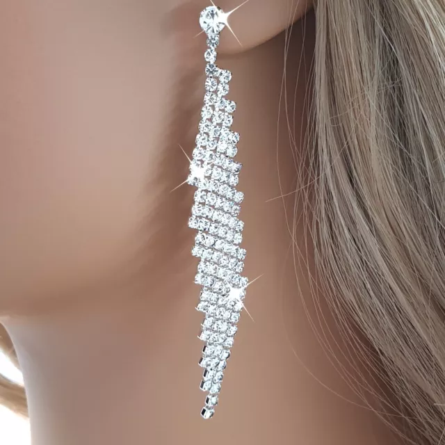 Fashion Women's Silver Long Tassel Crystal Drop Stud Rhinestone Earrings UK