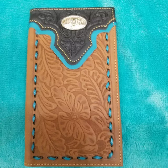 Longhorn Western GENUINE LEATHER Wallet Long Bifold beige & Black & teal accent