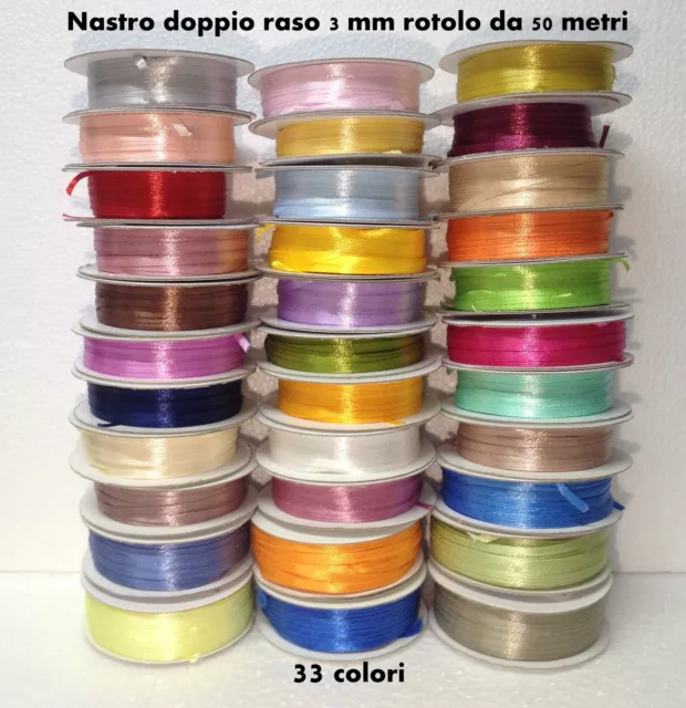 Nastro Doppio Raso 3 Mm Rotolo Bobina 50 Metri 48 Colori Fai Da Te Ribbon Satin