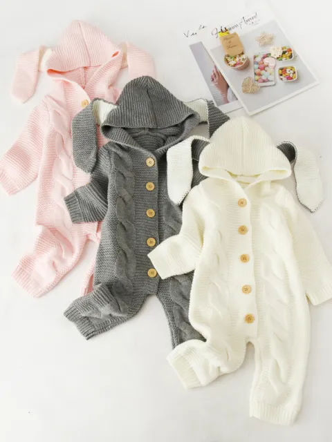 Newborn Baby Boy Girl Romper Jumpsuit Outfit Knitted Hooded Sweater Clothes