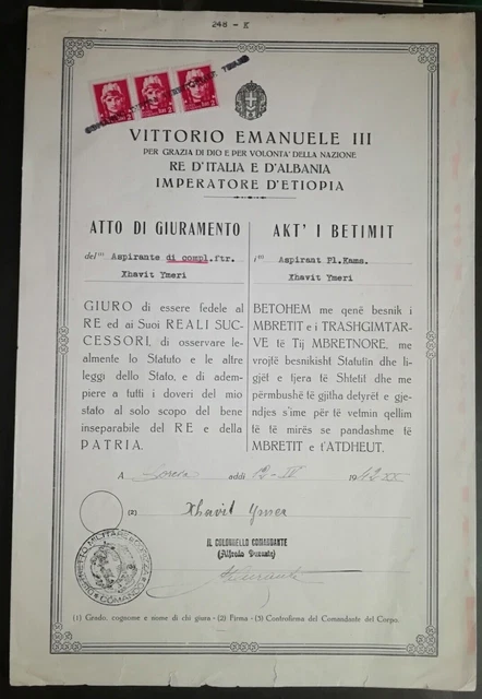 Albania Occupazione Italia Attestato Giuramento Soldato 1942  Vitt. Emanuele Iii