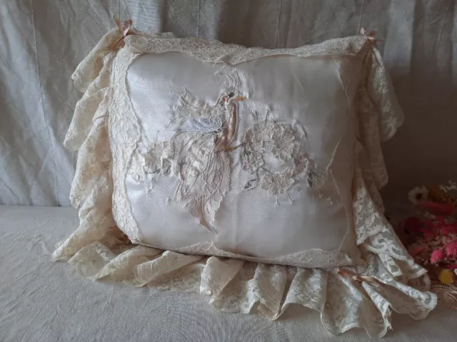 Vintage hand embroidered and lace cushion Floral Bird Applique Vintage Silk Old Vintage hand embroidered and lace cushion Floral Bird Applique Vintage Silk Old