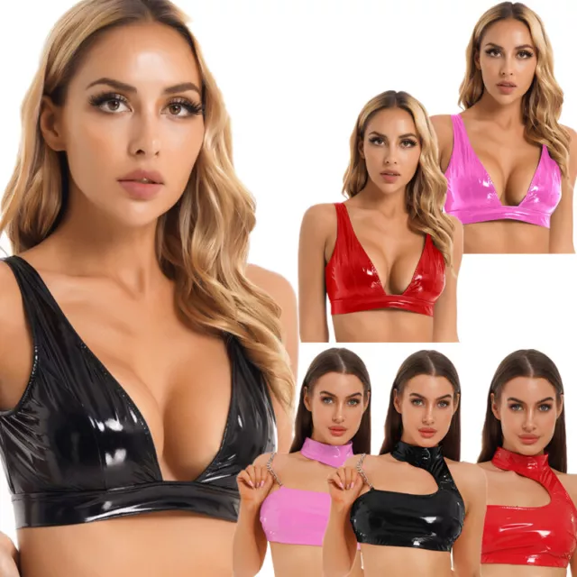 Womens Wet Look Leather Open Bust Bra Crop Top Exposed Breasts