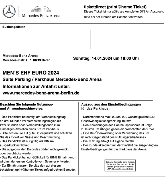 HANDBALL EM 2024 Berlin Parkticket 14.01.24 Parkhaus VIP Parken EUR 20