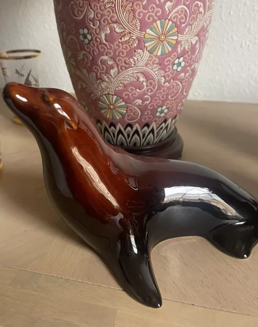 Vintage Denmead Pottery Brown Treacle Glazed Ceramic Sea Lion Ornament Seal
