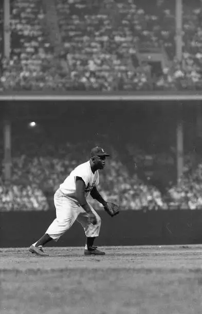 Brooklyn Dodgers Jackie Robinson in action, fielding vs St. Louis - Old Photo
