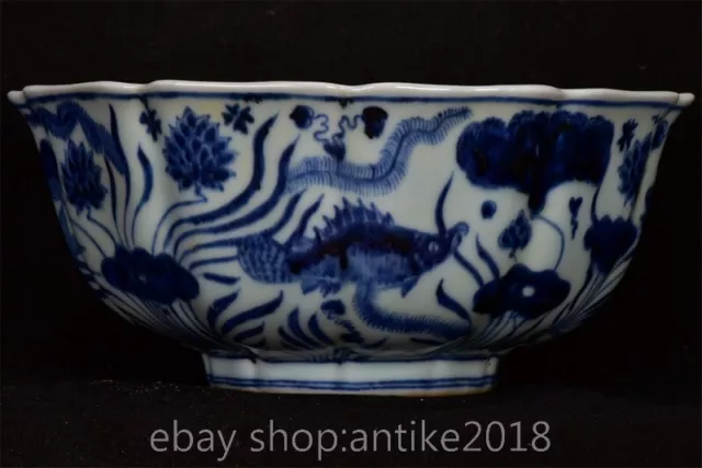 9" Old Chinese Xuan de blue glaze Porcelain an octagon fish pattern bowl 2