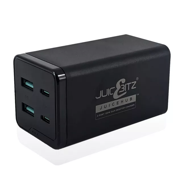 JuicEBitz® 120W GaN 4 Port Fast Desktop Mains Charger QC3.0 PD3.0 USB-C - Black